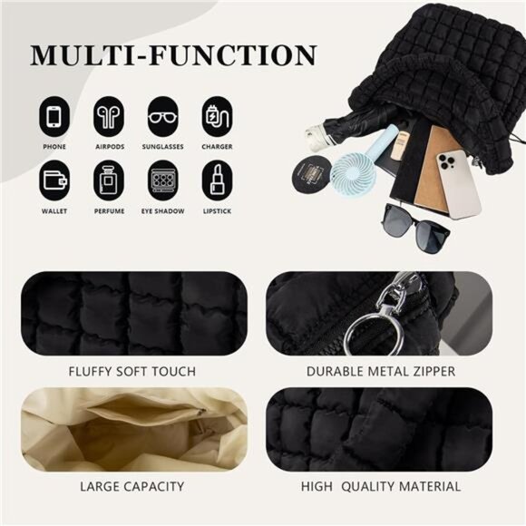 Womens Quilted Puffer Tote Bag Large Crossbody Shoulder Nylon Hobo Carryall Bag - Picture 3 of 7